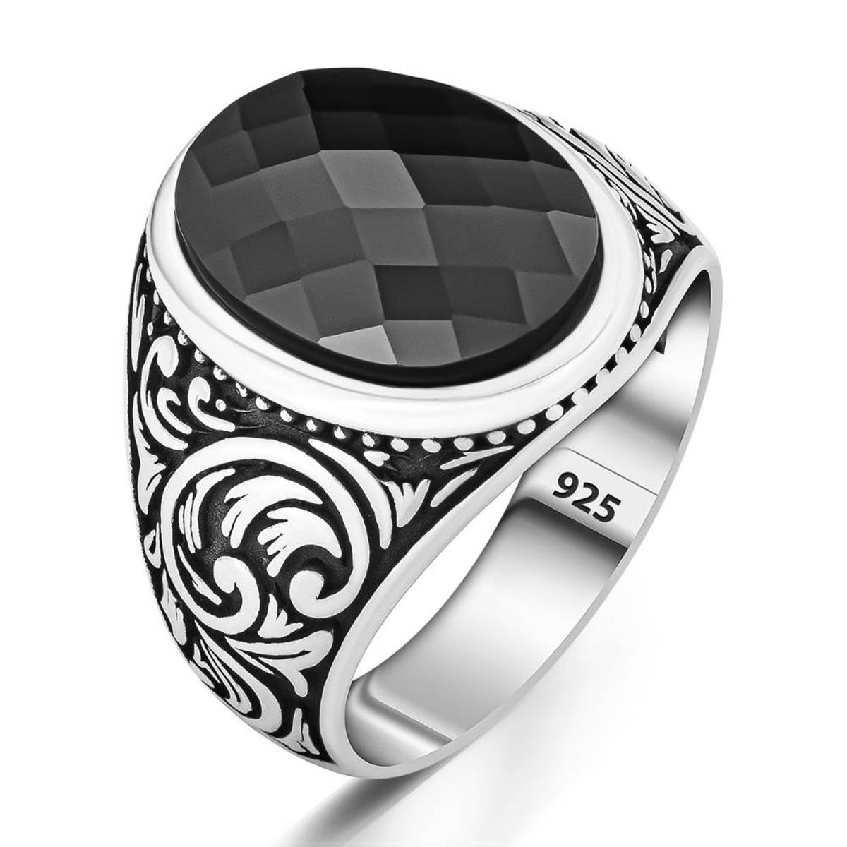 Siyah Kesme Oniks Taşlı Erkek Gümüş Yüzük