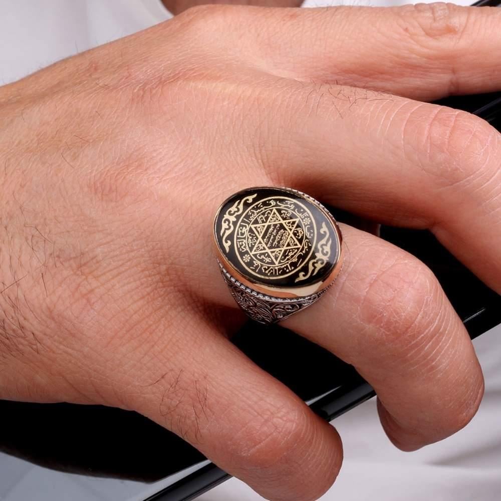 Siyah Mineli Hz. Süleyman Mührü Gümüş YüzükSüleyman Mührü Yüzükler
