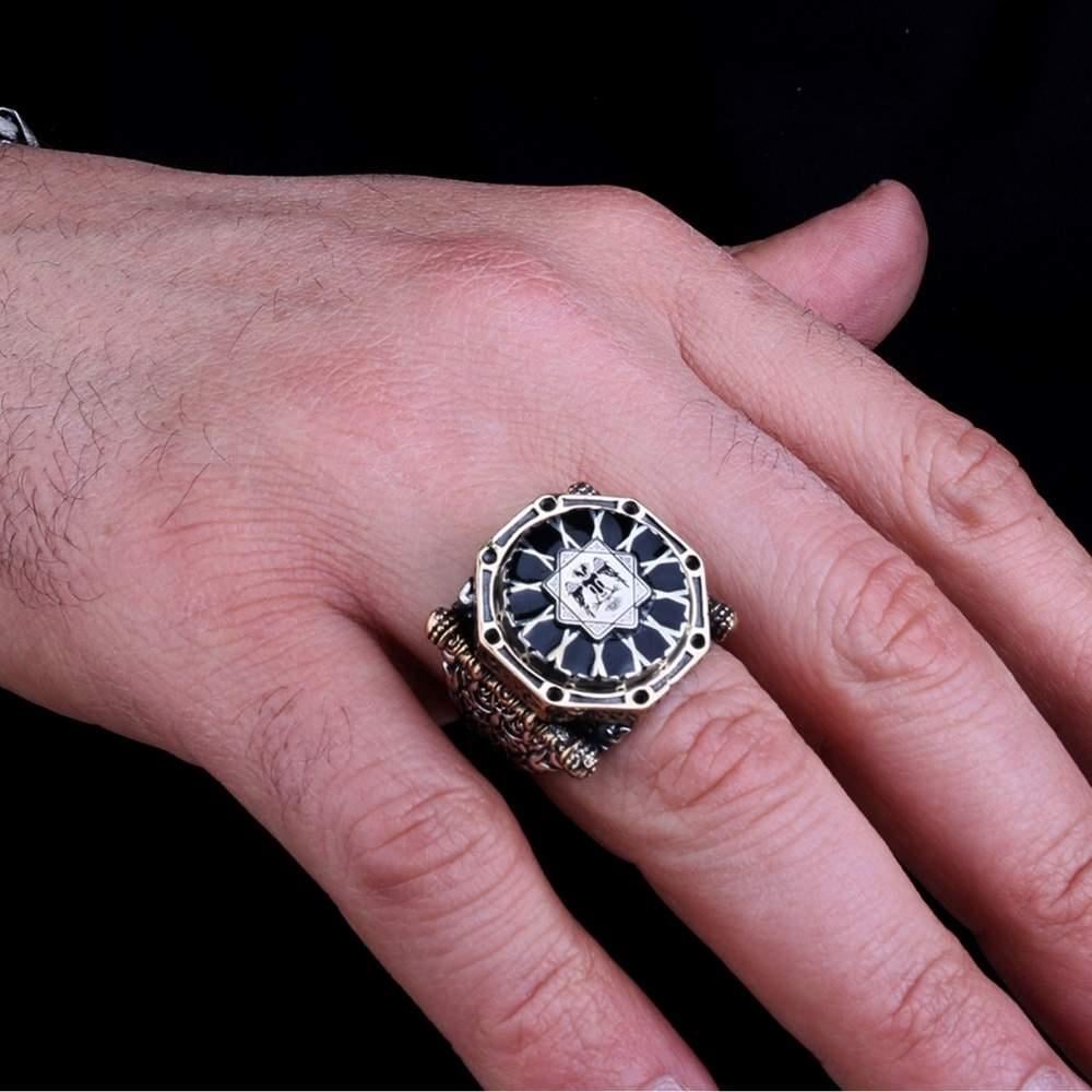 Siyah Mineli Kalkan Model Çift Başlı Kartal Gümüş YüzükÇift Başlı Kartal Selçuklu Yüzük