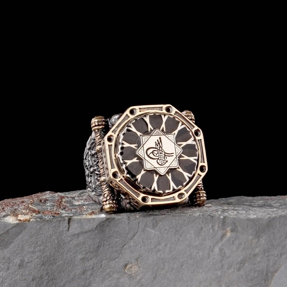 Siyah Mineli Kalkan Model Osmanlı Tuğrası Gümüş YüzükZircon Stone Ring