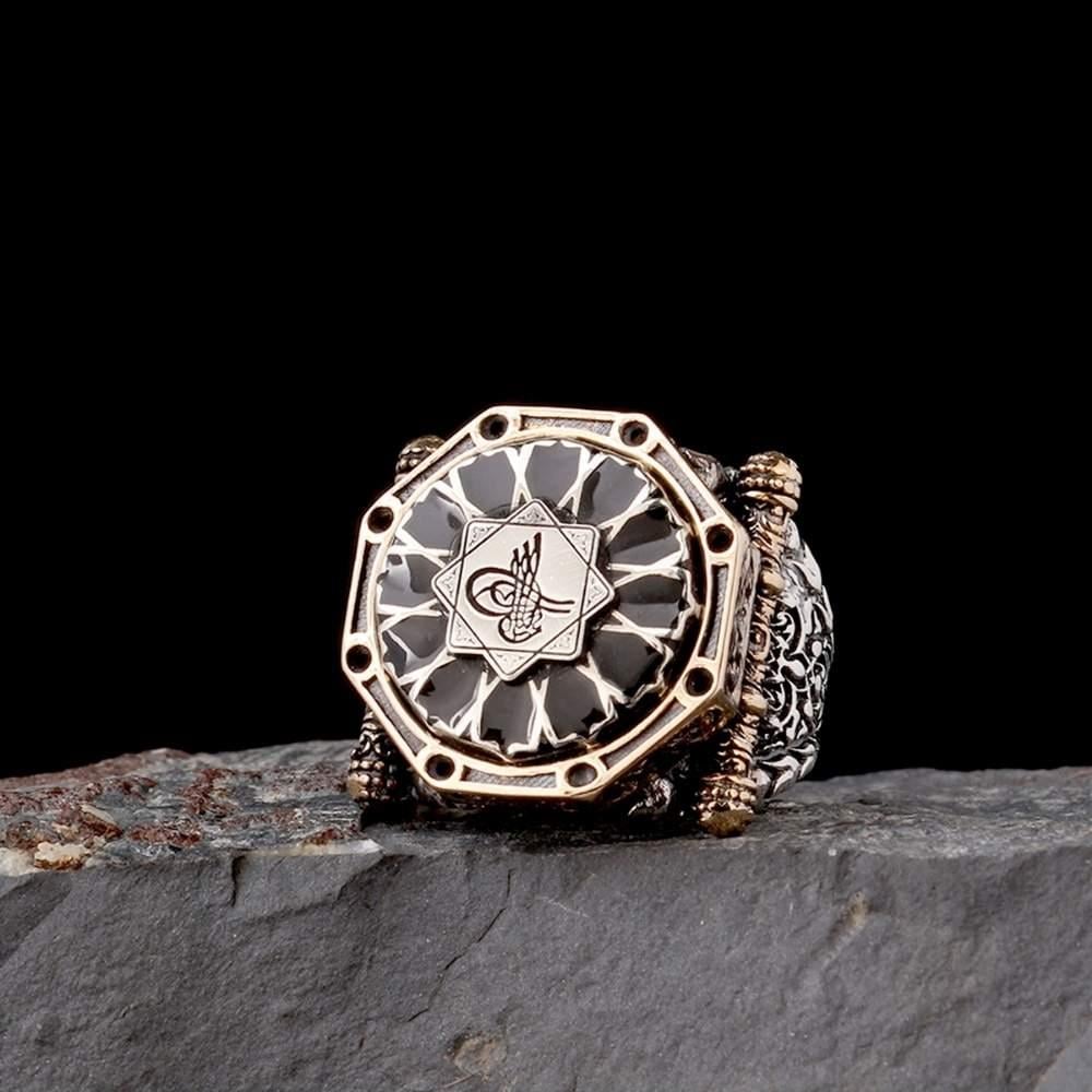 Siyah Mineli Kalkan Model Osmanlı Tuğrası Gümüş YüzükZircon Stone Ring
