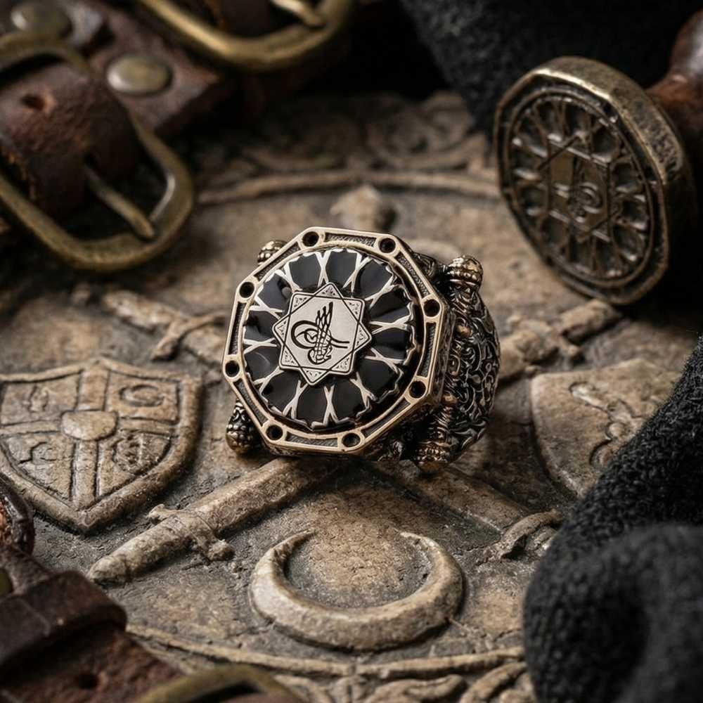 Siyah Mineli Kalkan Model Osmanlı Tuğrası Gümüş YüzükOttoman Tughra Ring
