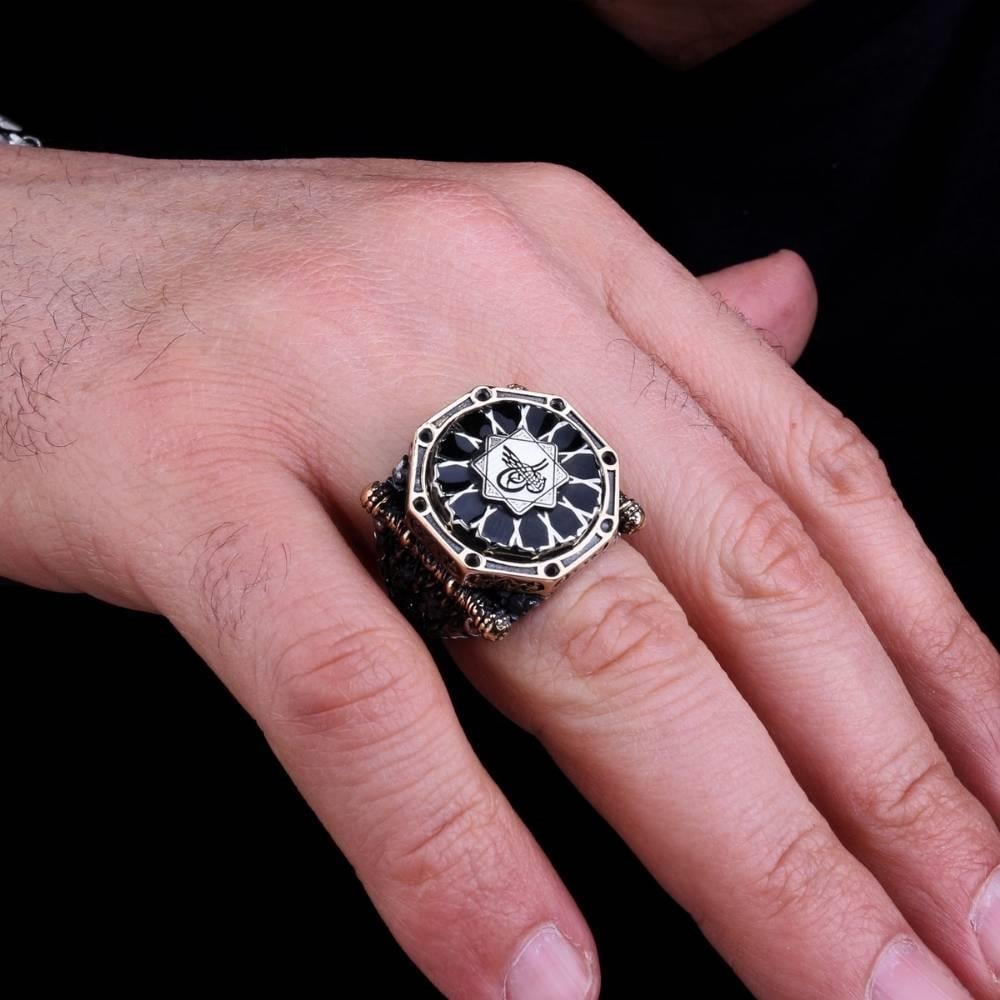 Siyah Mineli Kalkan Model Osmanlı Tuğrası Gümüş YüzükZircon Stone Ring
