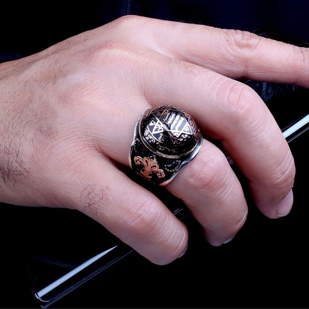 Siyah Mineli Taşlı Mührü Süleyman Gümüş YüzükSüleyman Mührü Yüzükler