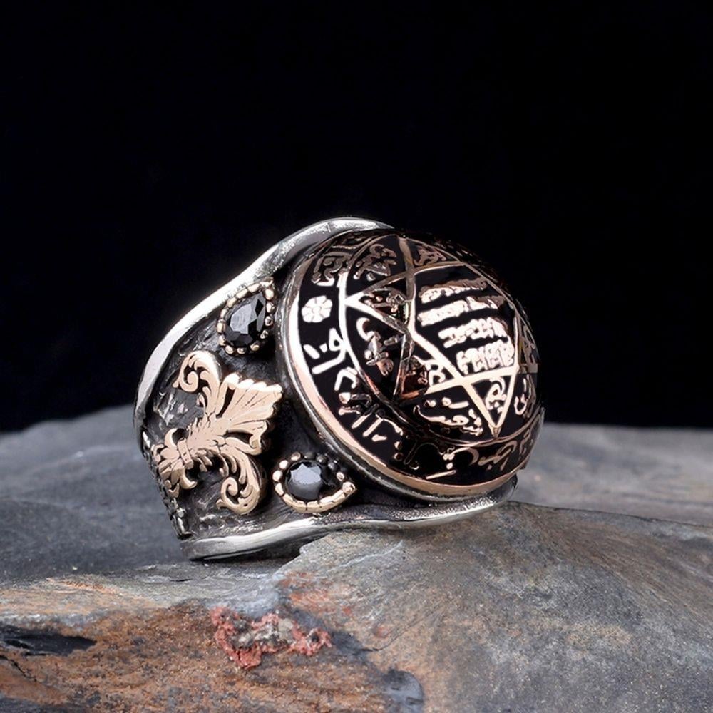 Siyah Mineli Taşlı Mührü Süleyman Gümüş YüzükSüleyman Mührü Yüzükler