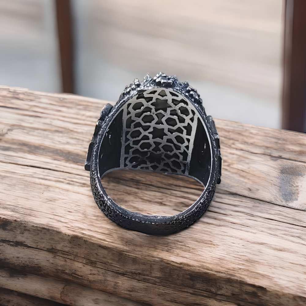 Siyah Turkuaz Mineli Atatürk İşlemeli Gümüş YüzükAtatürk Yüzükleri