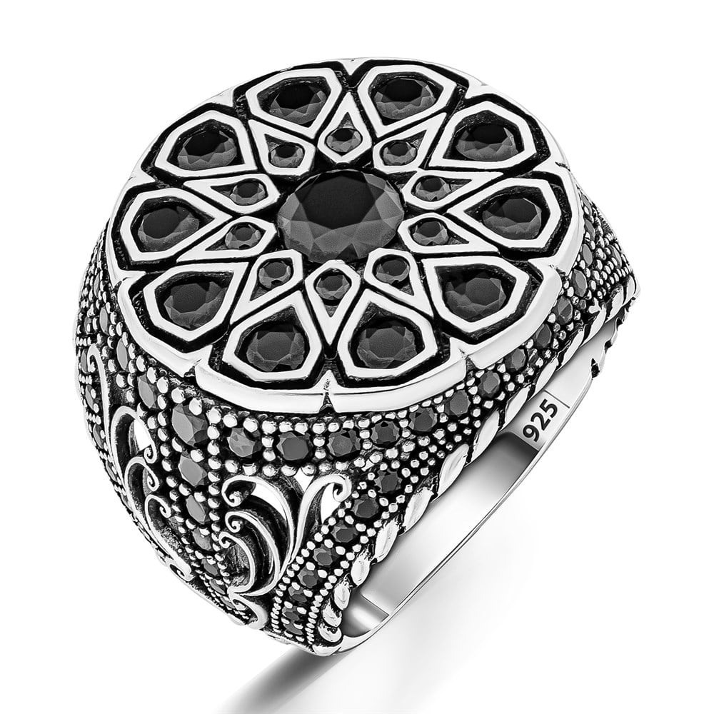 Siyah Zirkon Taş Süslemeli Gümüş Erkek Yüzük