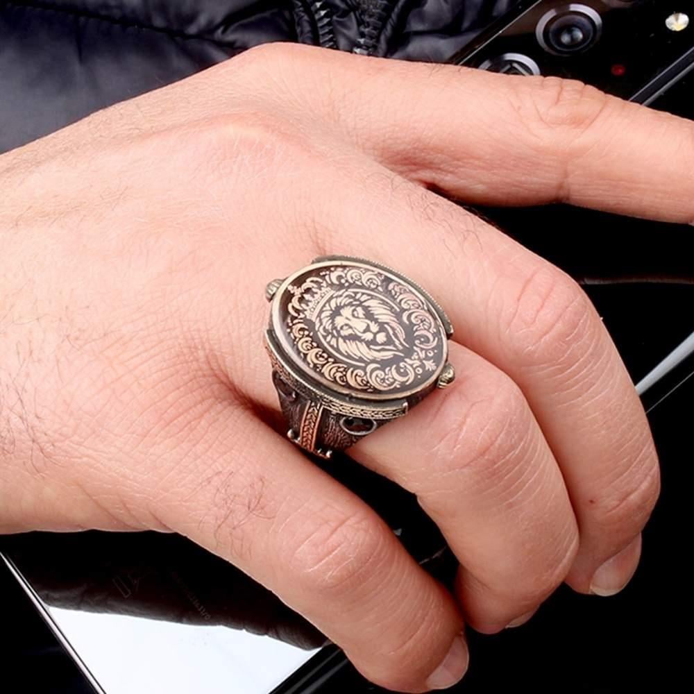 Siyah Zirkon Taşlı Aslan Kral Gümüş YüzükAslan Yüzük