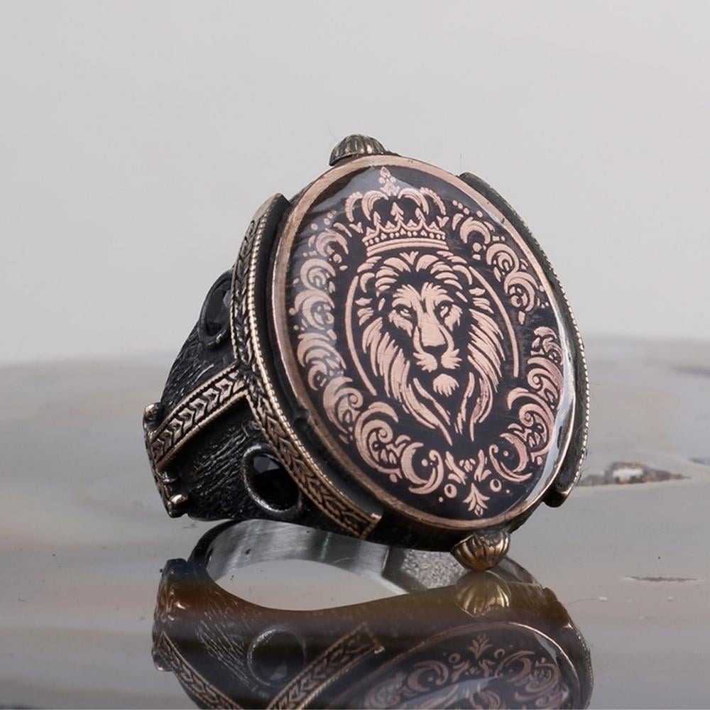 Siyah Zirkon Taşlı Aslan Kral Gümüş YüzükAslan Yüzük