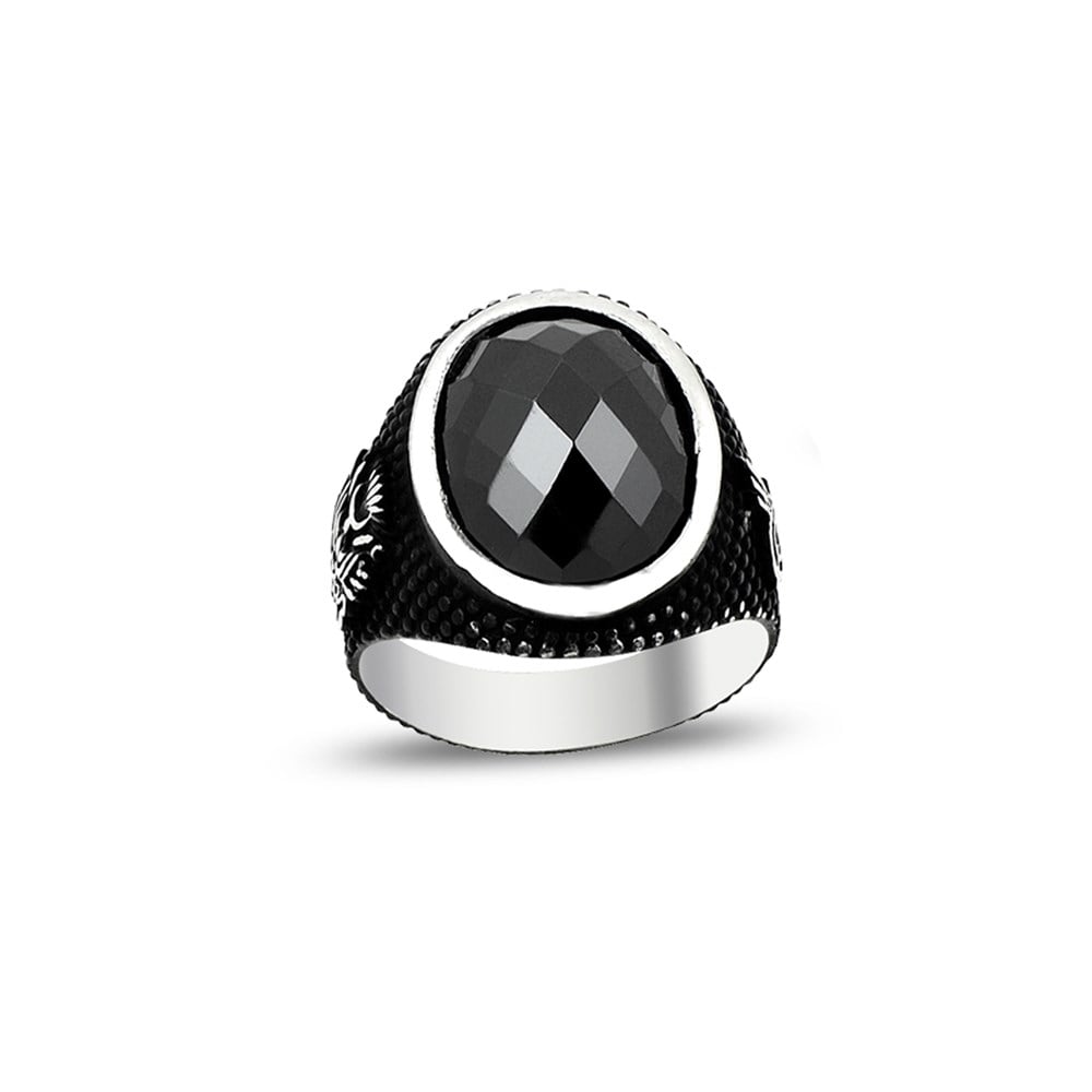 Siyah Zirkon Taşlı Devlet Arma Motifli Gümüş Erkek Yüzük
