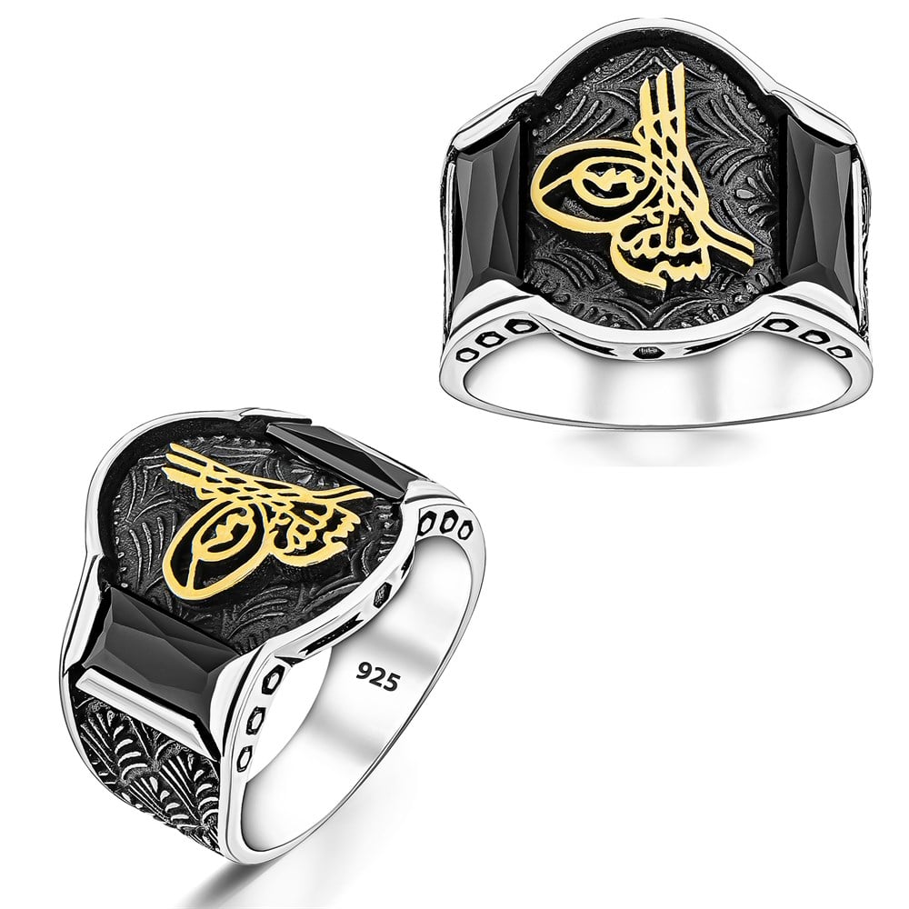 Siyah Zirkon Taşlı Osmanlı Tuğralı Gümüş Erkek Yüzük
