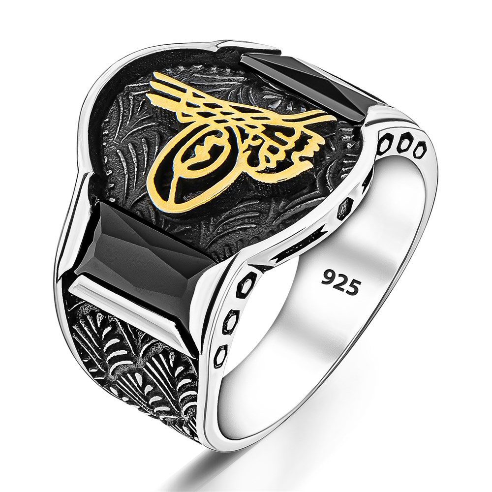 Siyah Zirkon Taşlı Osmanlı Tuğralı Gümüş Erkek Yüzük