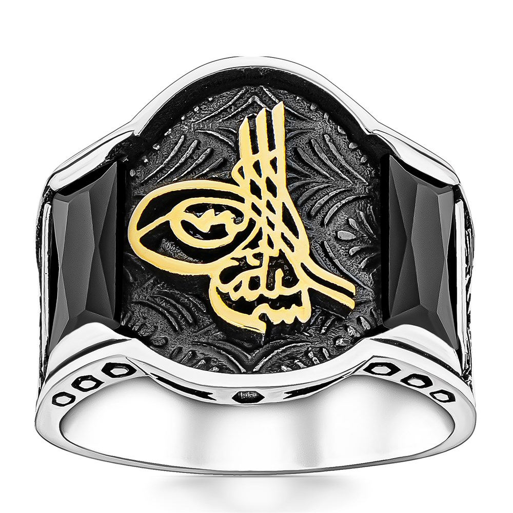 Siyah Zirkon Taşlı Osmanlı Tuğralı Gümüş Erkek Yüzük