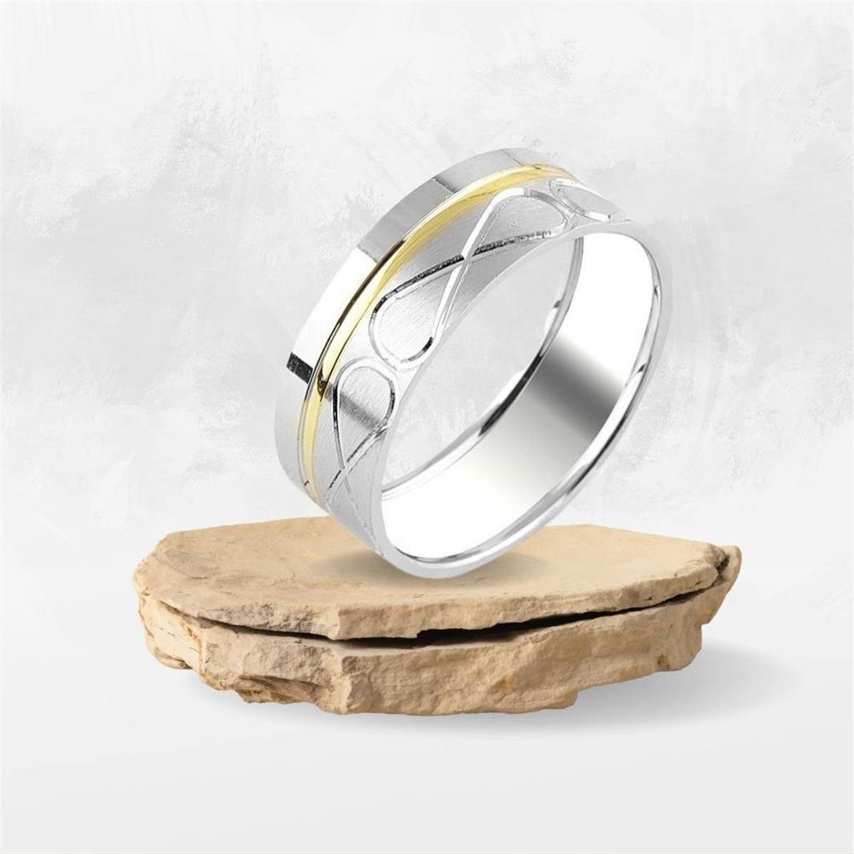 Sonsuzluk Model Gold Şerit Detaylı Gümüş Alyans