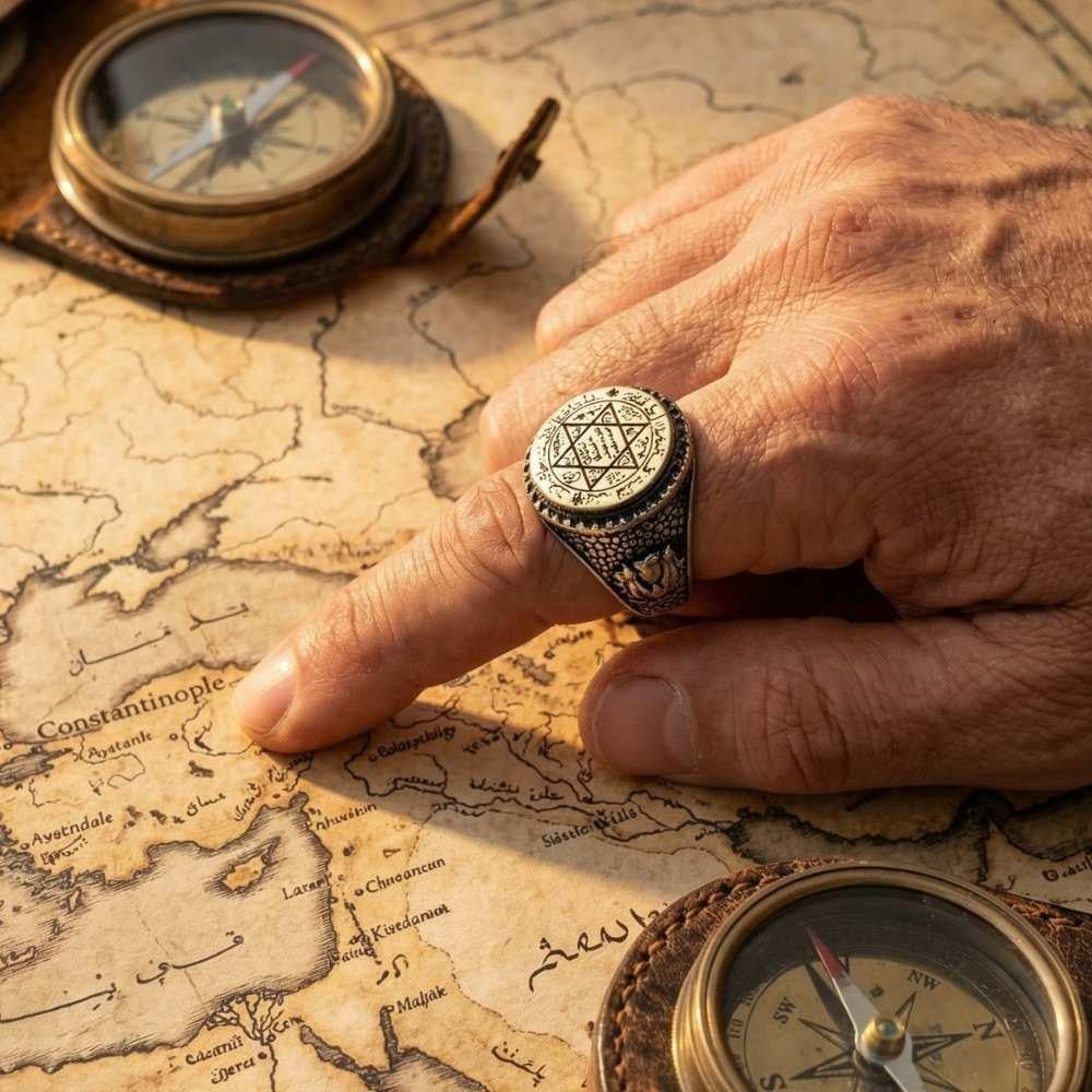 Süleyman Mührü İşlemeli Osmanlı Kenar Motifli Gümüş YüzükSüleyman Mührü Yüzükler