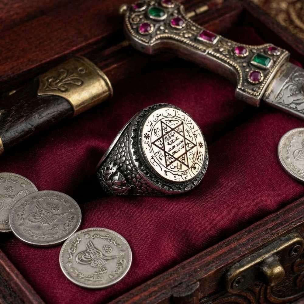 Süleyman Mührü İşlemeli Osmanlı Kenar Motifli Gümüş YüzükSüleyman Mührü Yüzükler