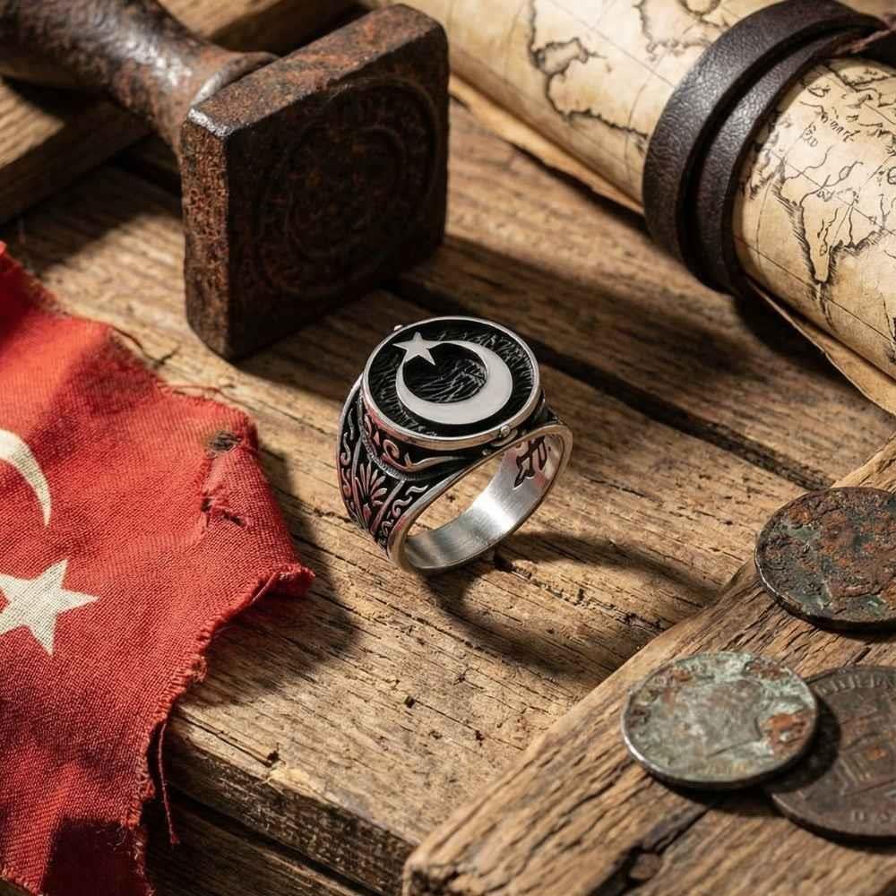 Sultan Abdulhamid Han Model Ay Yıldız Gümüş Erkek YüzükAy Yıldız Yüzükler