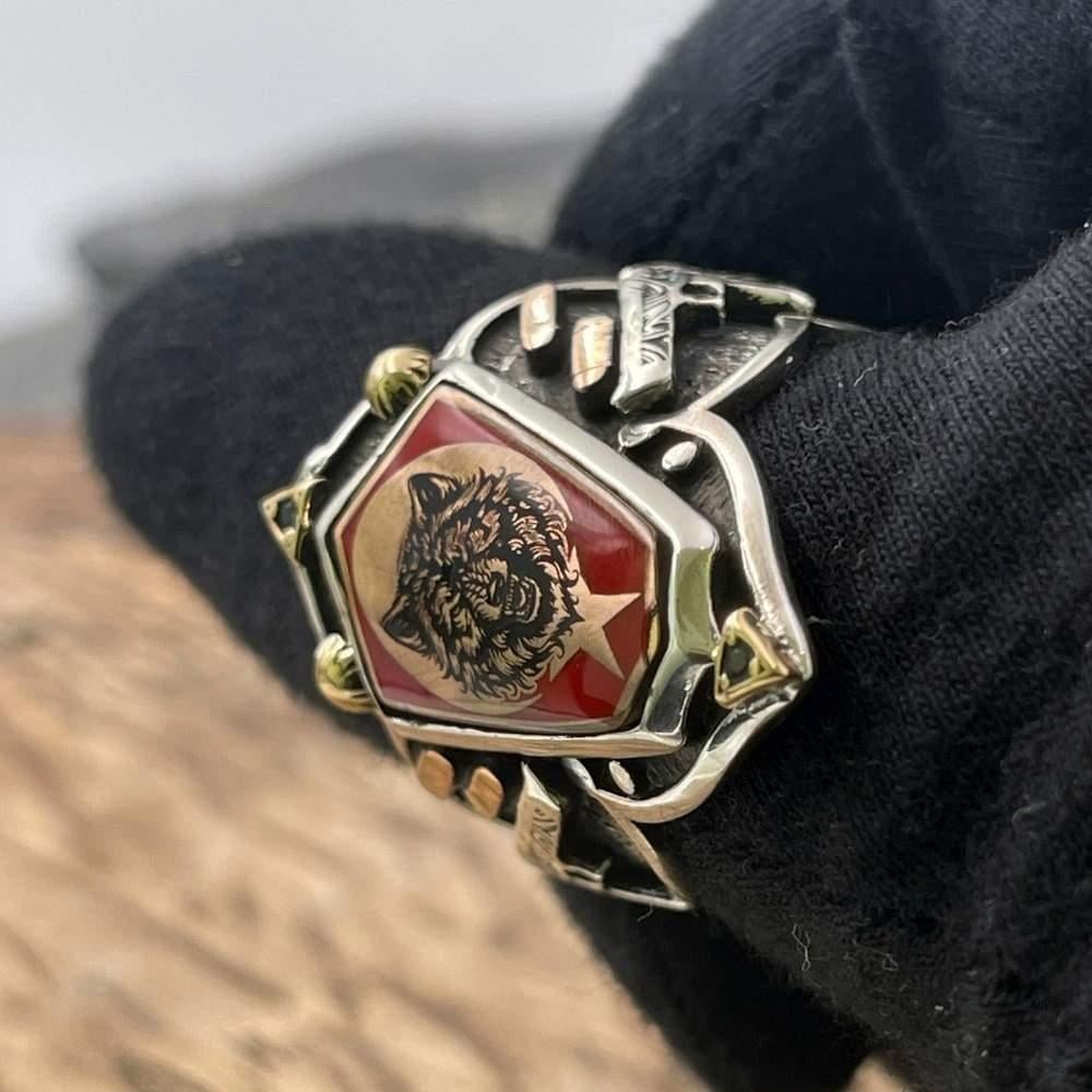 Tabanca İşlemeli Bozkurt Gümüş Zihgir YüzükBaşparmak & Zihgir Yüzükleri