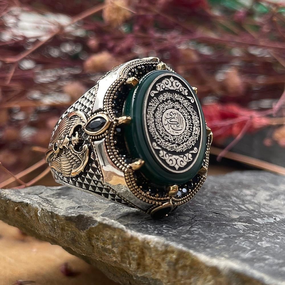 Taç Model Ayetel Kürsi İşlemeli Gümüş YüzükHasbiyallah Yüzük