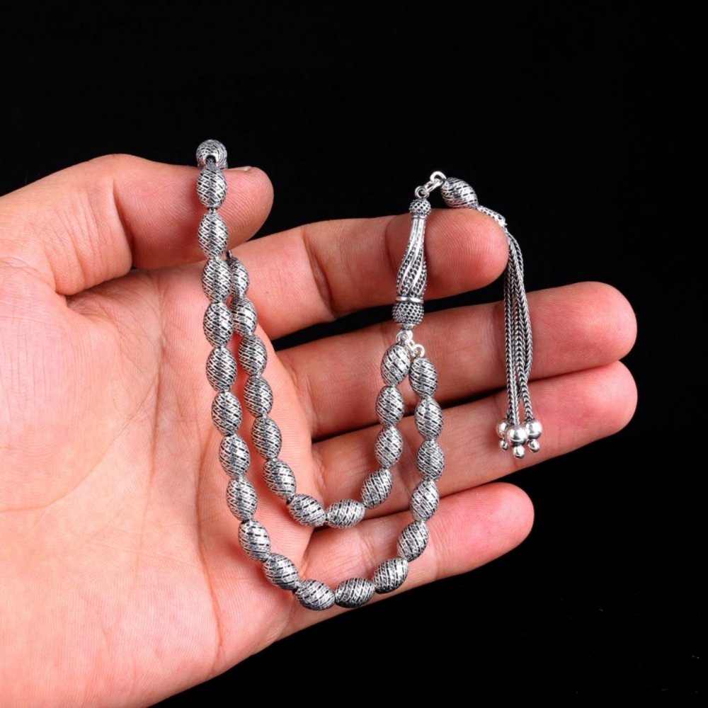 Tamamı 925 Ayar Arpa Kesim Fizyon Model Gümüş Tesbih