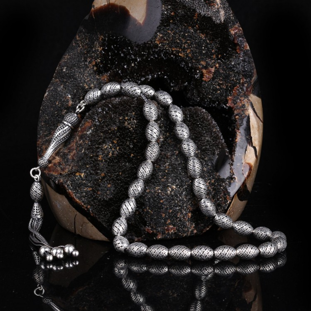 Tamamı 925 Ayar Arpa Kesim Fizyon Model Gümüş Tesbih