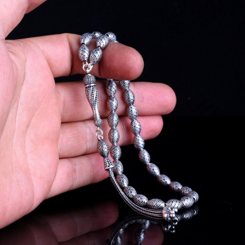 Tamamı 925 Ayar Arpa Kesim Fizyon Model Gümüş Tesbih