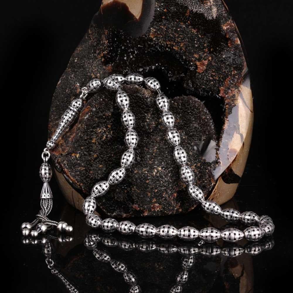 Tamamı 925 Ayar Arpa Kesim Fizyon Örgü Gümüş TesbihSilver Rosary