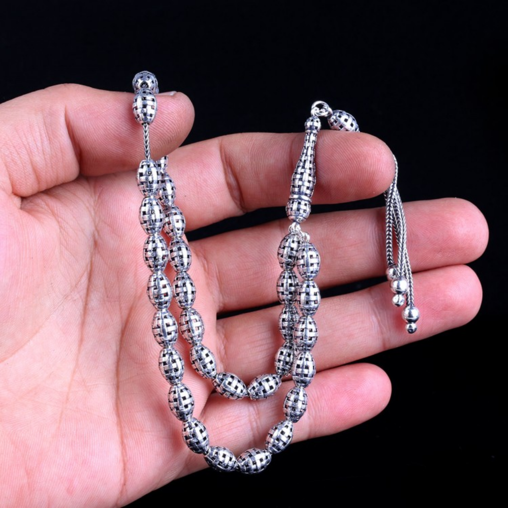 Tamamı 925 Ayar Arpa Kesim Fizyon Örgü Gümüş Tesbih