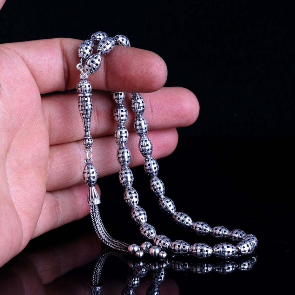 Tamamı 925 Ayar Arpa Kesim Fizyon Örgü Gümüş Tesbih