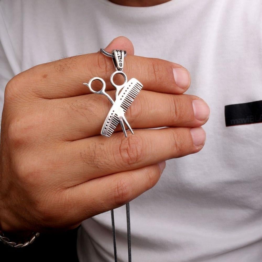 Tarak Makas İşlemeli Kuaför Model Gümüş KolyeKolye