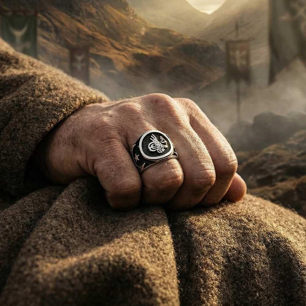 Tuğra Desenli Ay Yıldız Modeli Gümüş Erkek YüzükTuğra Yüzük