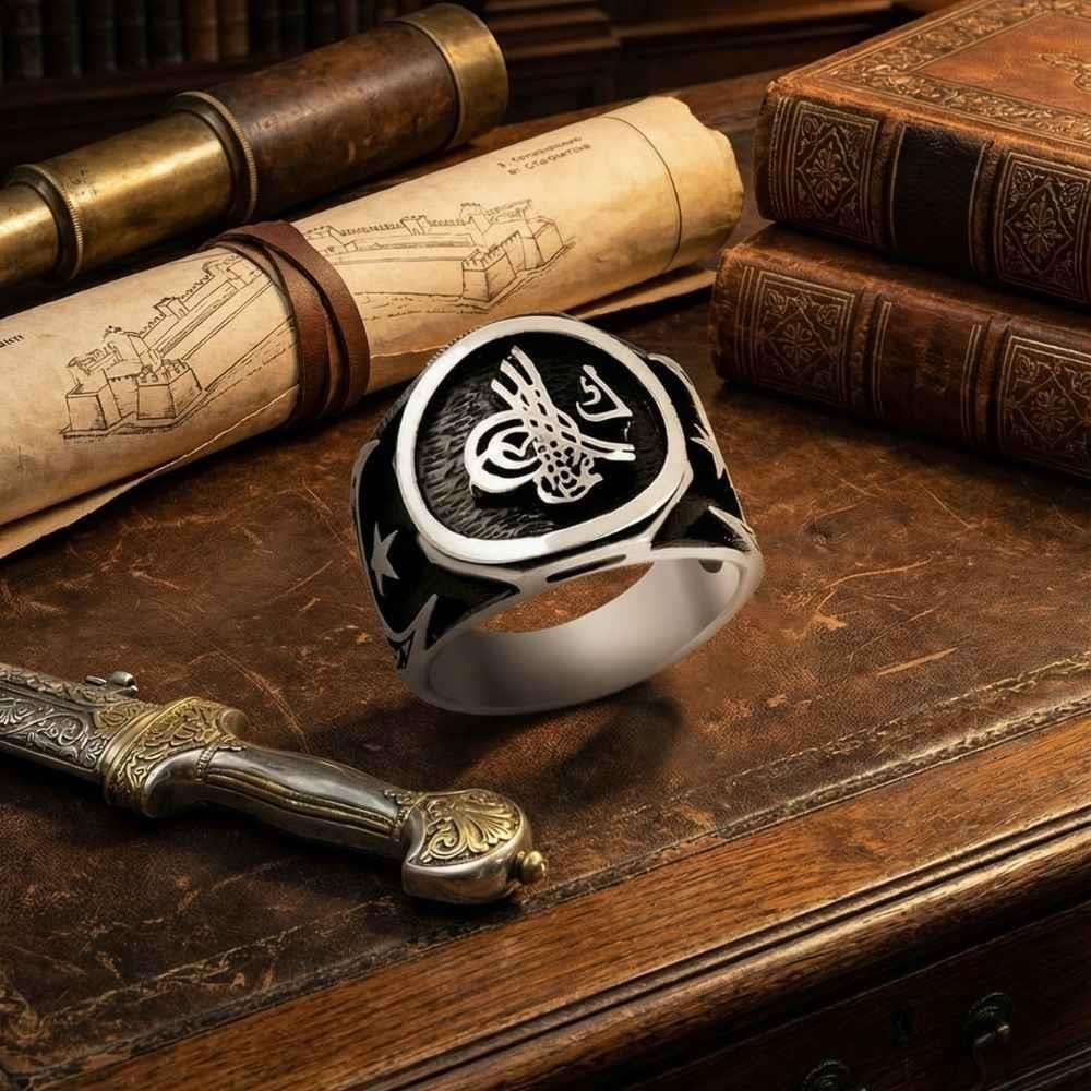 Tuğra Desenli Ay Yıldız Modeli Gümüş Erkek YüzükTuğra Yüzük