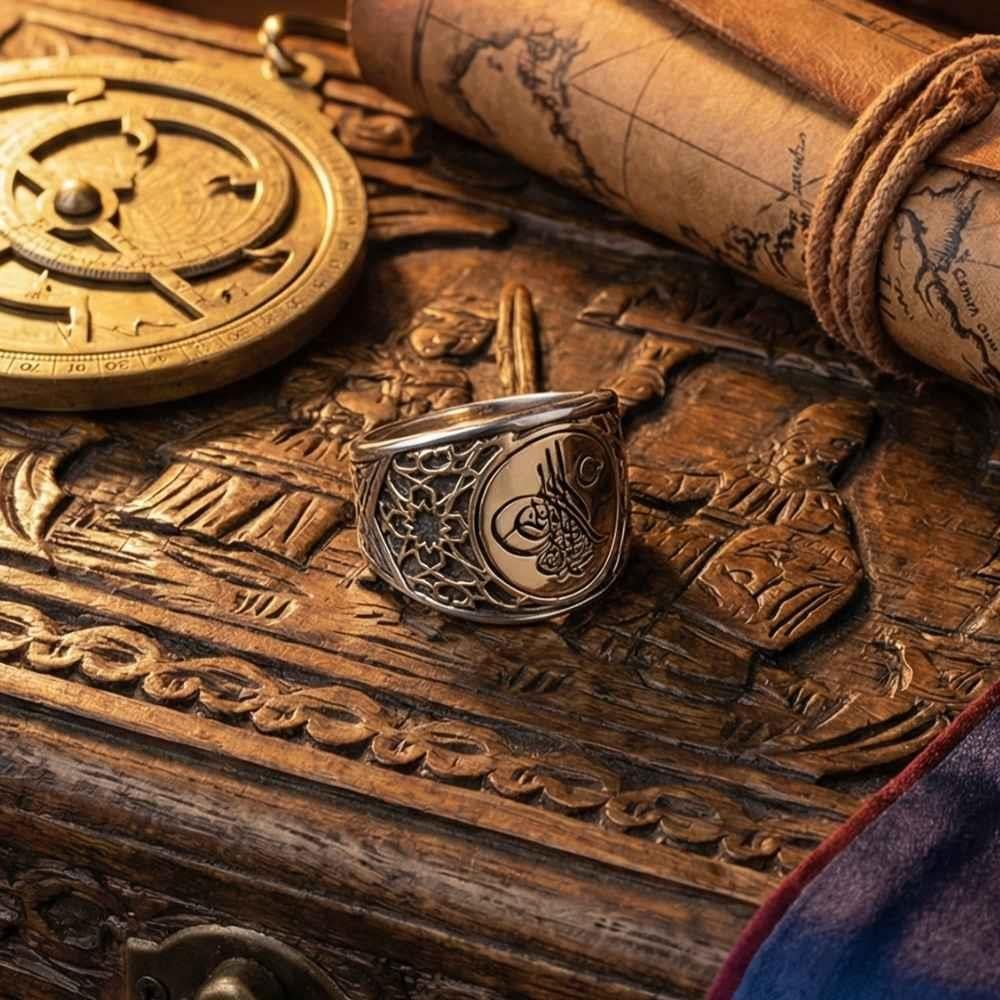 Tuğra Üzeri Ay Yıldız İşlemeli Gümüş YüzükTuğra Yüzük