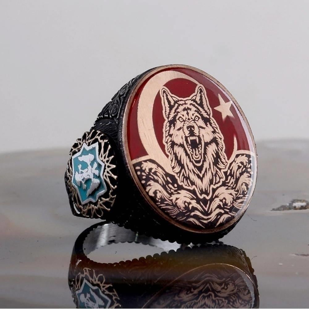 Türk Bayrağı Bozkurt Gümüş Yüzük & Kolye KombiniYüzük Kolye Kombinleri