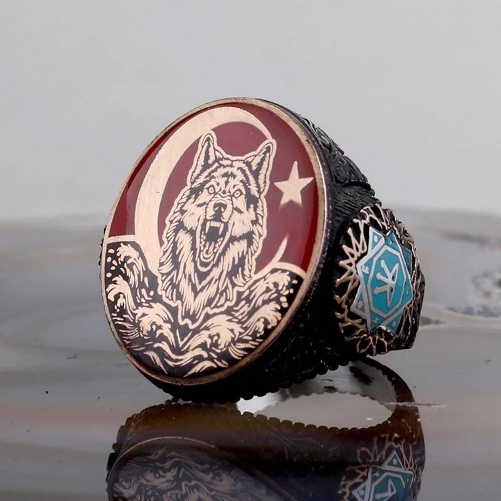 Türk Bayrağı Bozkurt Gümüş Yüzük & Kolye KombiniYüzük Kolye Kombinleri