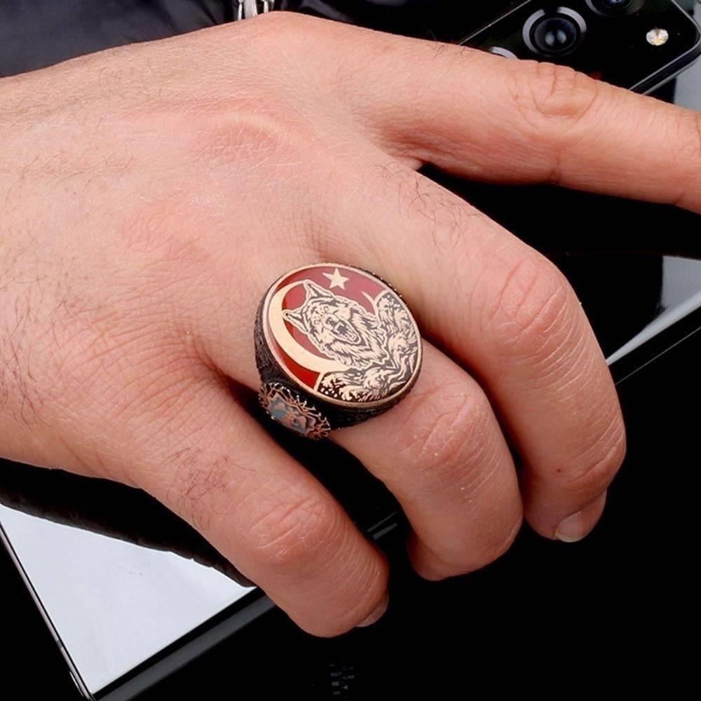 Türk Bayrağı Bozkurt Gümüş Yüzük & Kolye KombiniYüzük Kolye Kombinleri