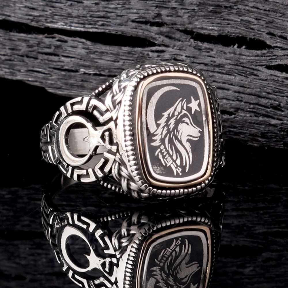 Türk Bayrağı İşlemeli Bozkurtlu Gümüş YüzükBozkurt Yüzükleri