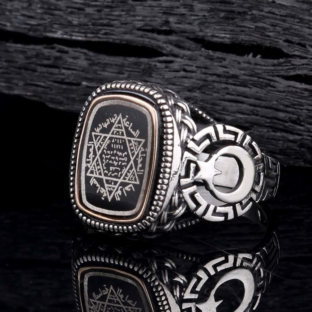 Türk Bayrağı İşlemeli Süleyman Mührü Gümüş YüzükSüleyman Mührü Yüzükler