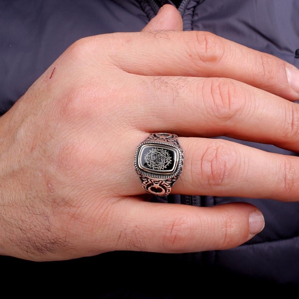 Türk Bayrağı İşlemeli Süleyman Mührü Gümüş YüzükSüleyman Mührü Yüzükler