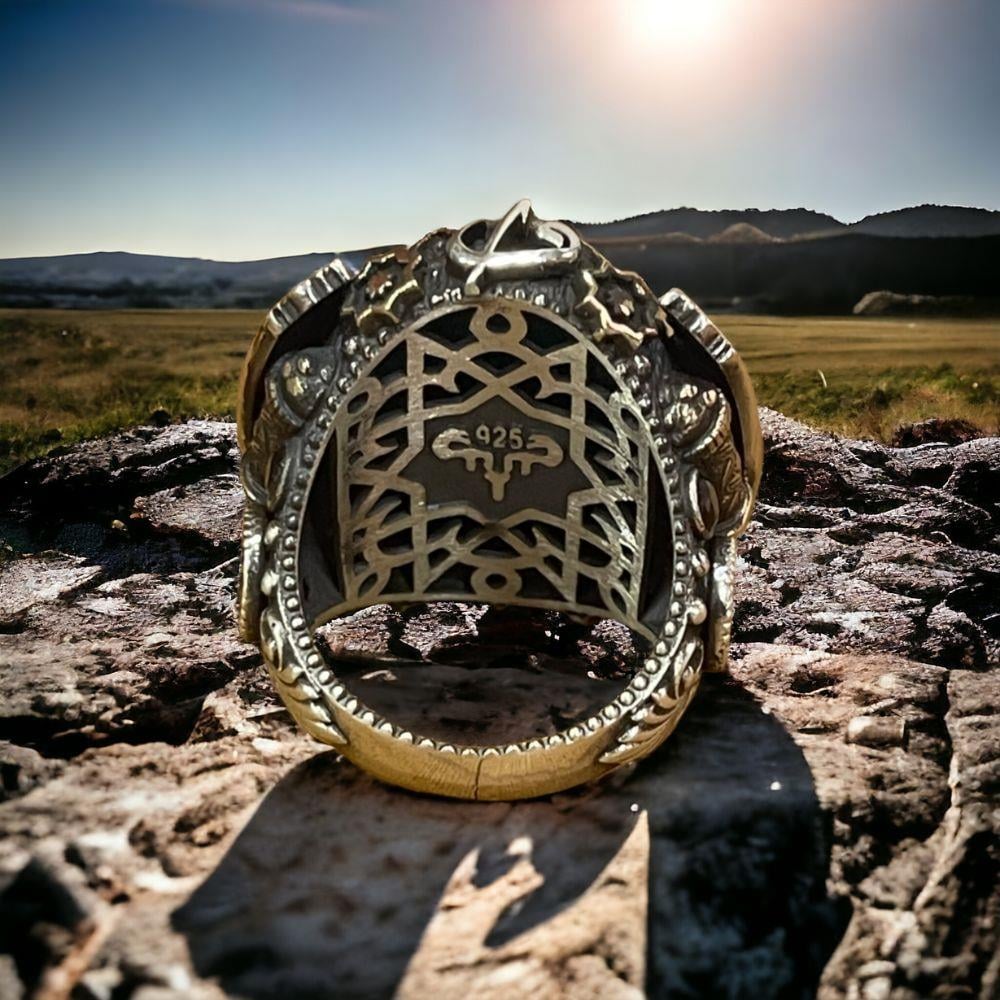 Türk Bayrağı İşlemeli Yanları Kelime-i Tevhid Gümüş Yüzük