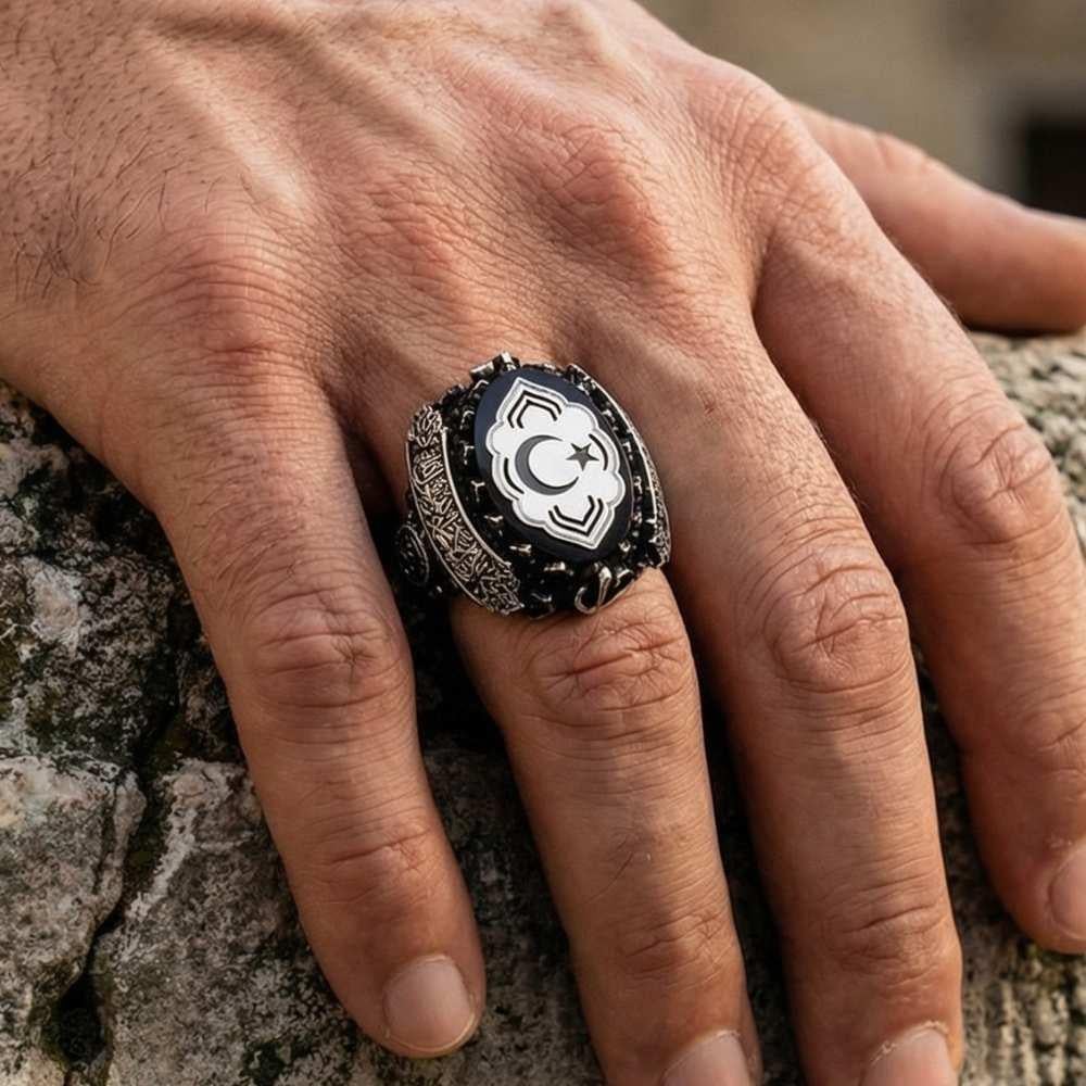 Türk Bayrağı İşlemeli Yanları Kelime-i Tevhid Gümüş YüzükMoon Star Ring