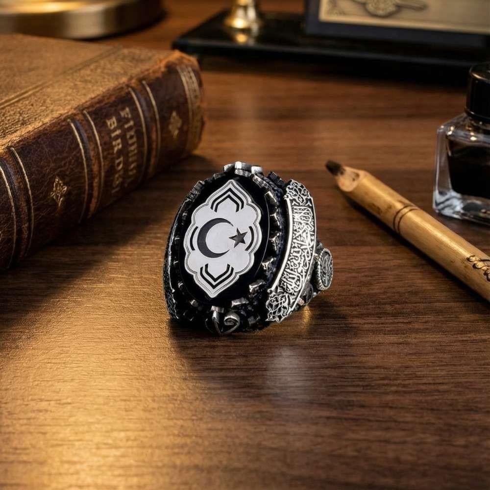 Türk Bayrağı İşlemeli Yanları Kelime-i Tevhid Gümüş YüzükMoon Star Ring