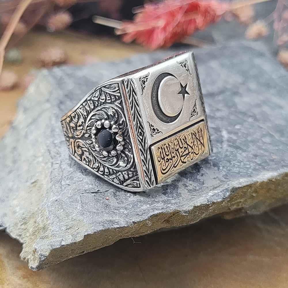 Türk Bayrağı Kelime-i Tevhid Gümüş Erkek YüzükAy Yıldız Yüzük