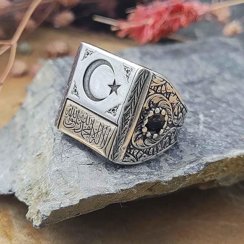 Türk Bayrağı Kelime-i Tevhid Gümüş Erkek YüzükAy Yıldız Yüzük