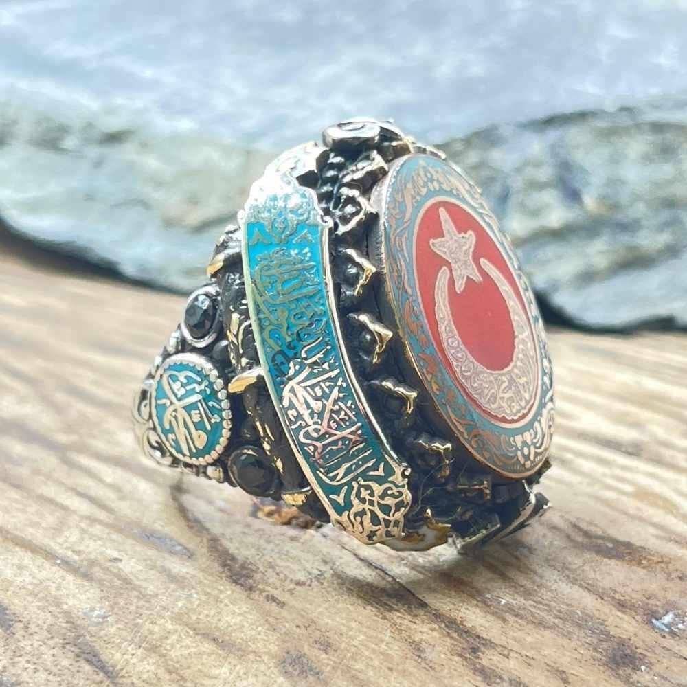Türk Bayrağı Kelime-i Tevhid Gümüş YüzükAy Yıldız Yüzük