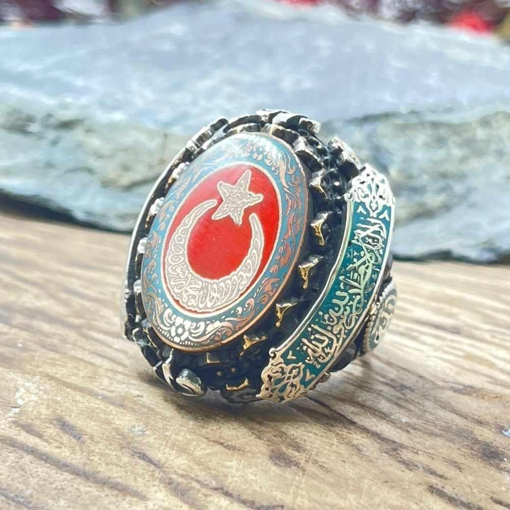 Türk Bayrağı Kelime-i Tevhid Gümüş YüzükAy Yıldız Yüzük