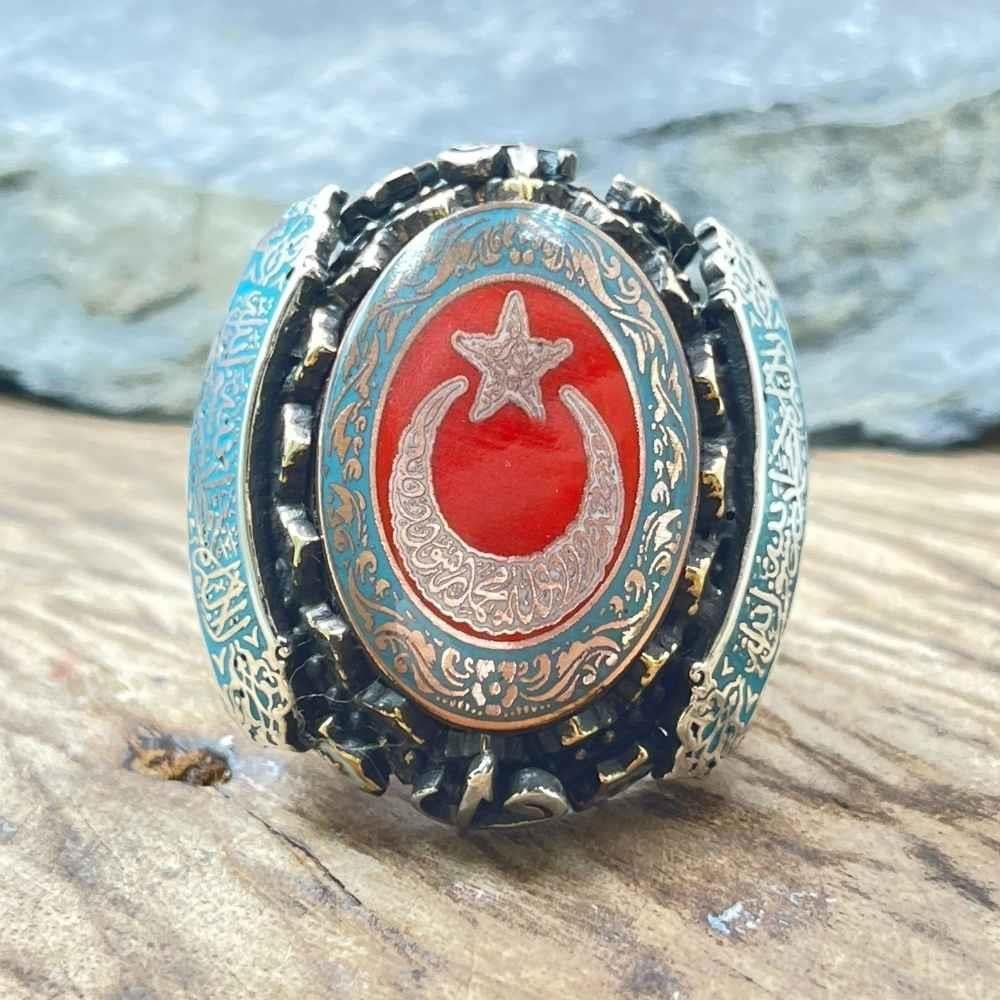 Türk Bayrağı Kelime-i Tevhid Gümüş YüzükAy Yıldız Yüzük
