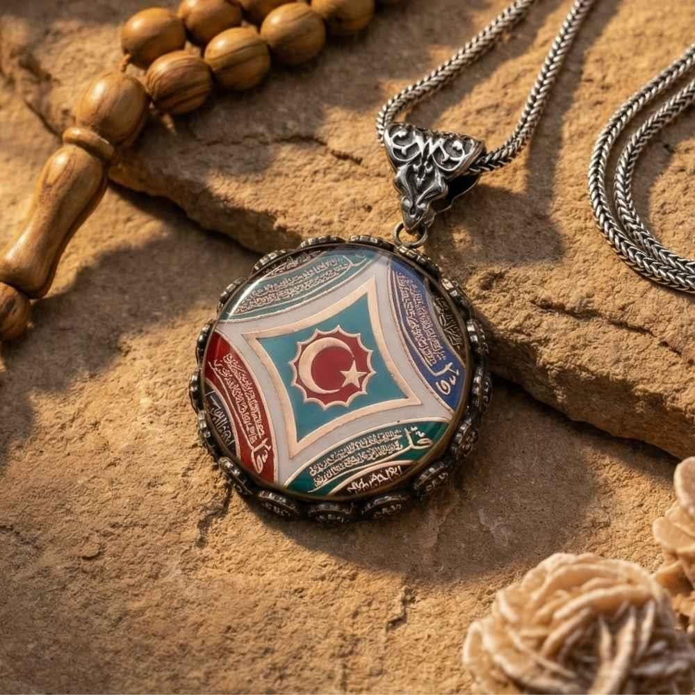 Türk Bayraklı ve Sureli 925 Ayar Gümüş KolyeDualı Kolye