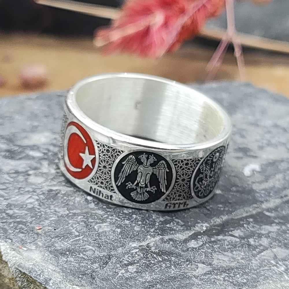 Türk Dünyası Kişiye Özel Gümüş Alyansİsim Yazılı Yüzük