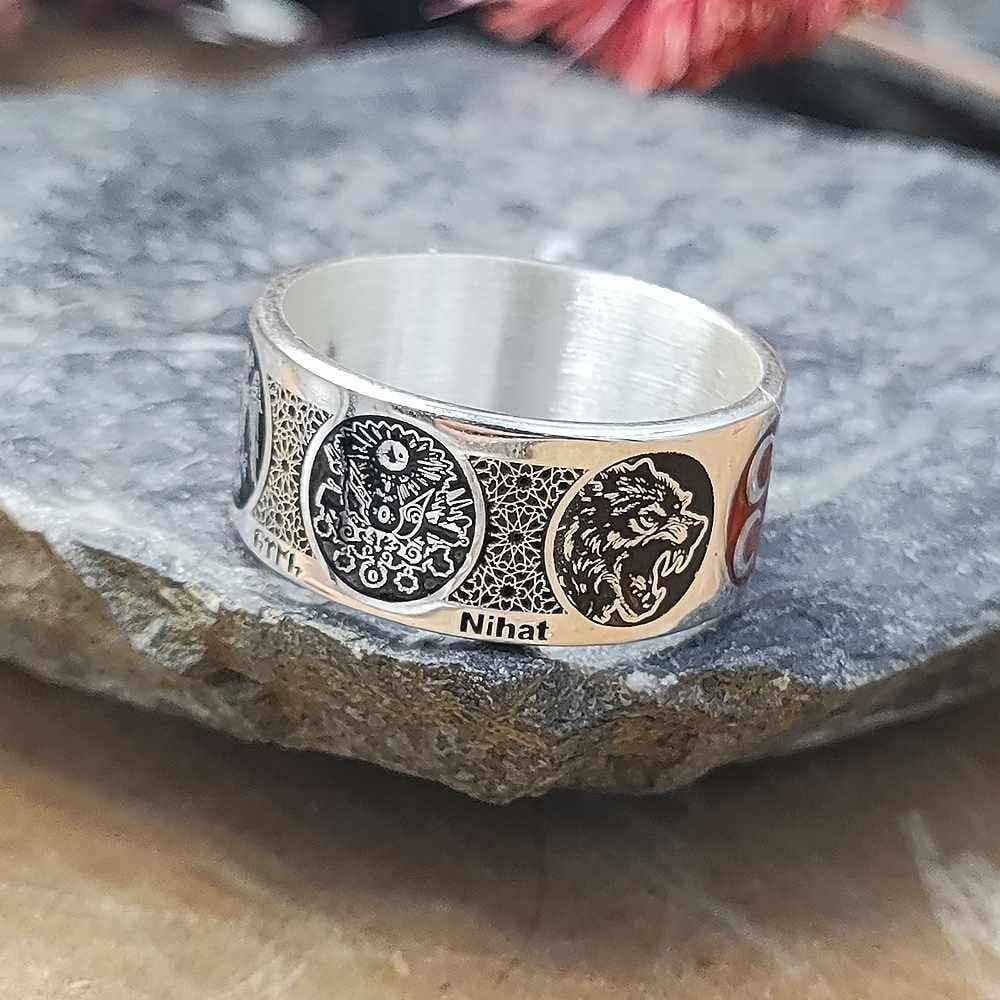 Türk Dünyası Kişiye Özel Gümüş Alyansİsim Yazılı Yüzük